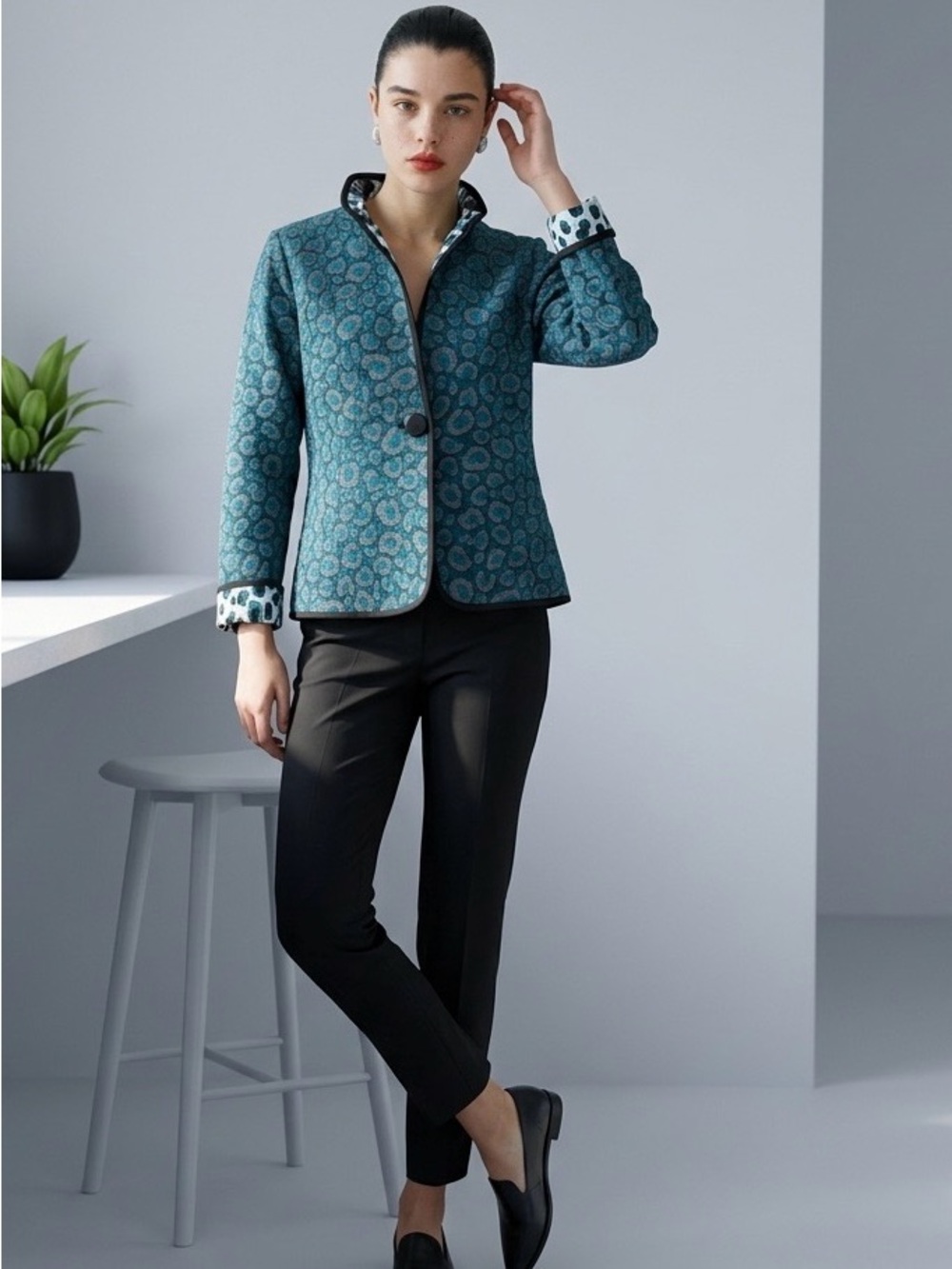 Trimdim Teal Patterned Women's Jacket with Contrast Trim; Reversible Size M, mod